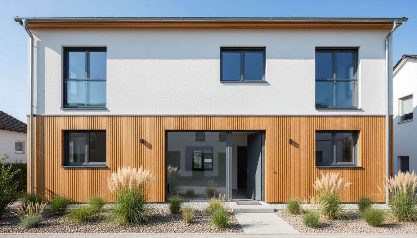 Modernisierte Hausfassade mit weißem Putz und Lärchenholz-Verkleidung, visualisiert mit der DecorAI App