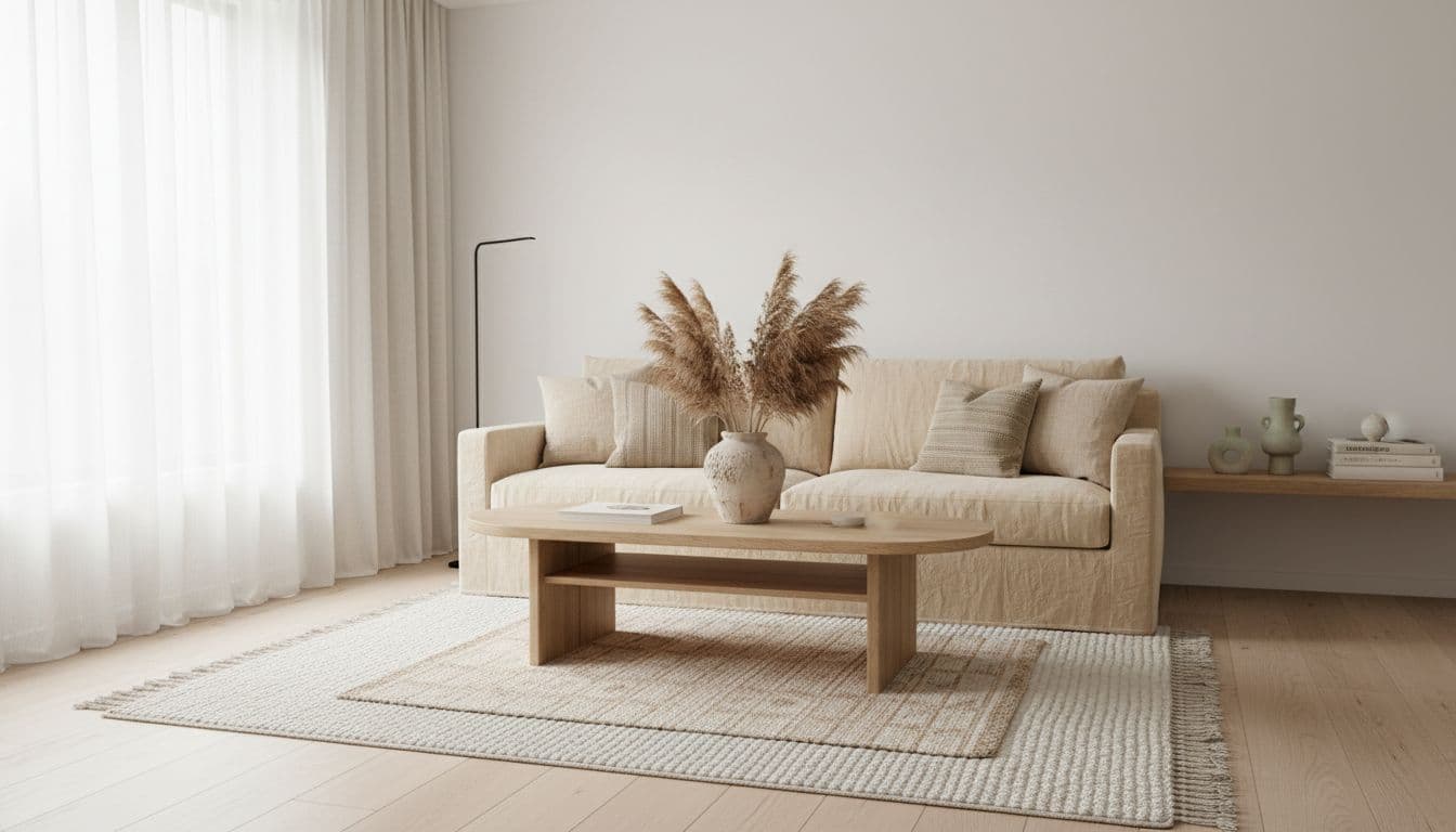 Helles Wohnzimmer mit warmen Naturtönen als Beispiel für die DecorAI App und ihre KI Raumgestaltung Funktionen