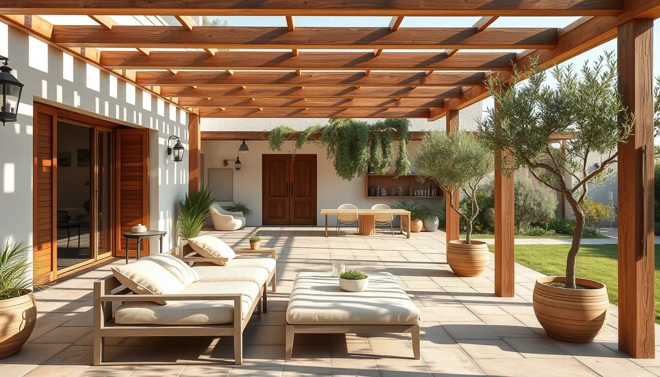 Mediterran gestaltete Gartenterrasse mit Pergola und Naturstein, entworfen mit dem Garten-Designer der DecorAI App