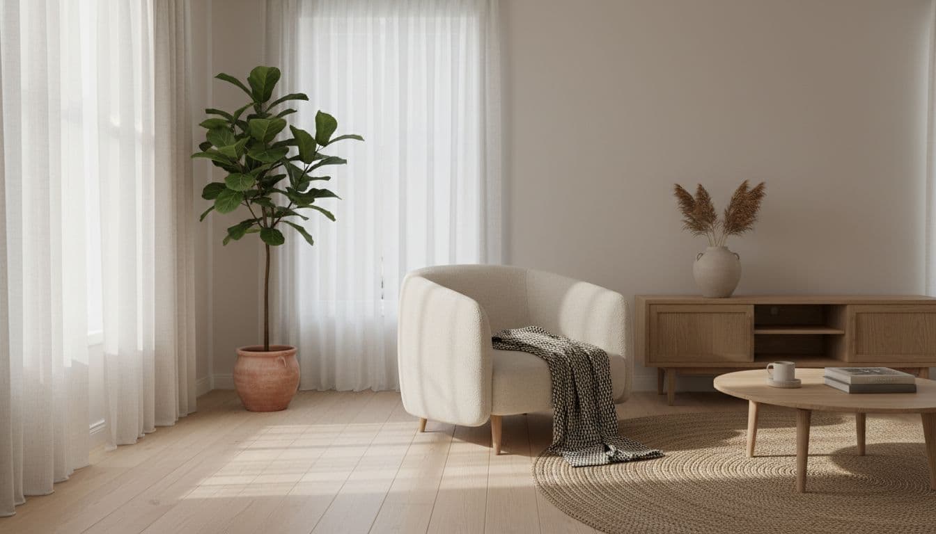 Skandinavisch gestaltetes Wohnzimmer mit hellem Holz und Leinentextilien als Beispiel-Ergebnis der DecorAI App