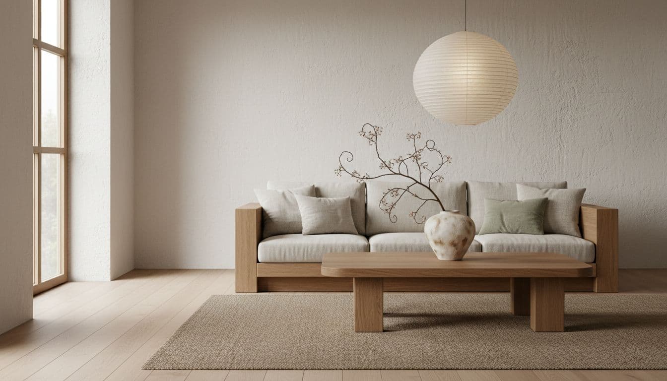 Japandi Wohnzimmer mit niedrigem Eichenholz-Sofa, Leinenkissen und Papierlampe im Japandi Einrichtungsstil