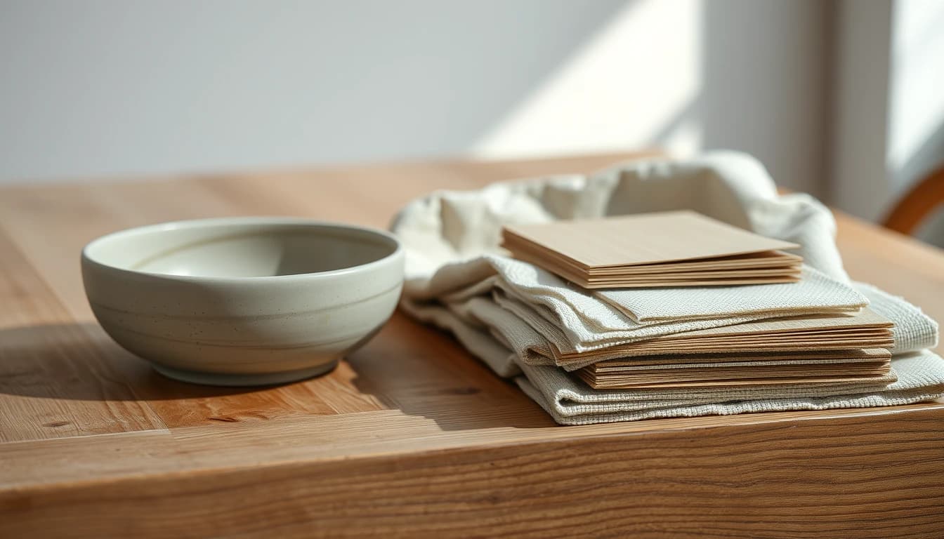 Naturmaterialien im Japandi Stil: Eichenholz, Leinenstoff und handgetöpferte Keramik im Detail