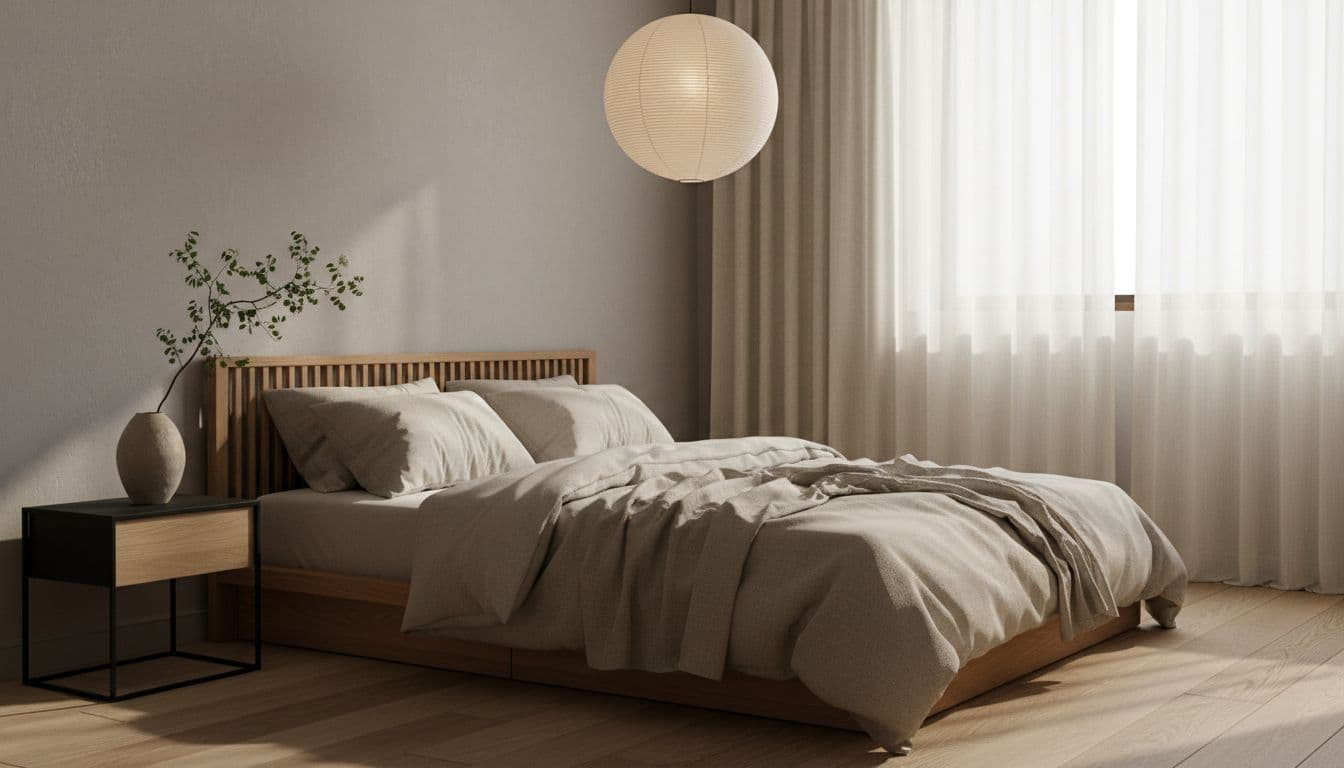 Japandi Schlafzimmer mit niedrigem Eichenbett, Leinenbettwäsche und Papier-Pendelleuchte