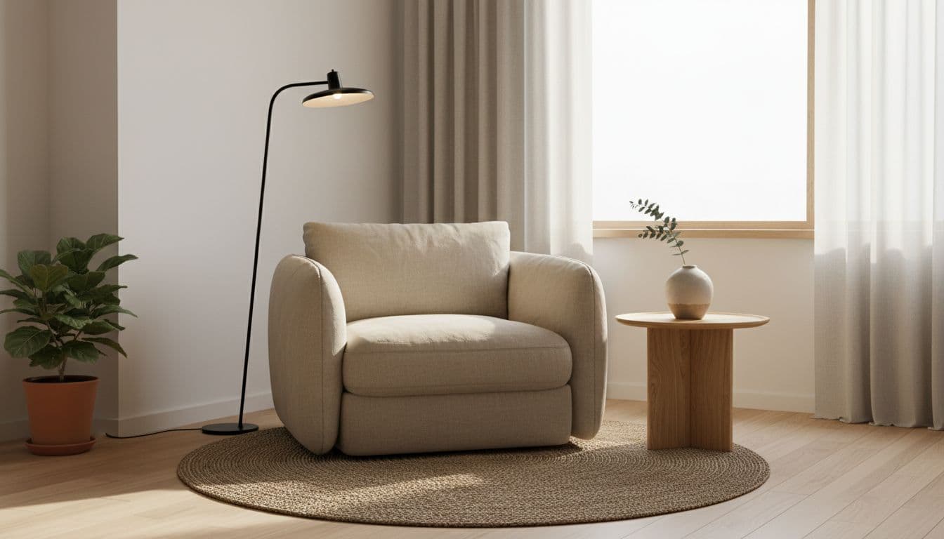 Japandi Wohnzimmer mit niedrigem Sofa, Eichenholz-Couchtisch und einem einzelnen Statement-Sessel