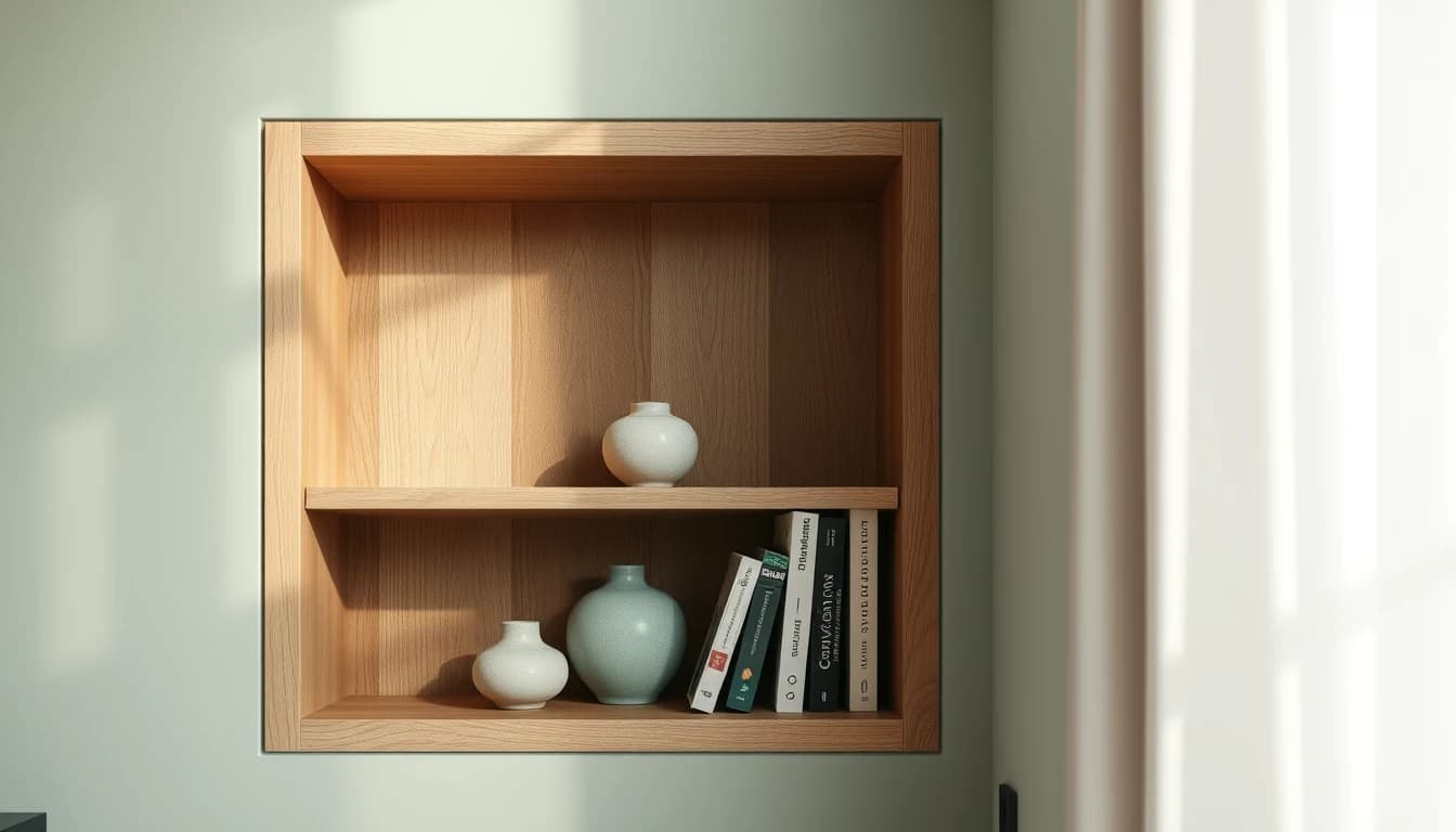 Detailaufnahme eines Einbauregals mit Akzentwand in Salbeigrün, wie sie sich mit Design Controls bei der KI Inneneinrichtung einstellen lässt