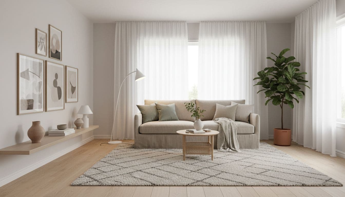 Helles Wohnzimmer nach der KI Inneneinrichtung mit Leinensofa, Eichenholzboden und großem Fenster im Tageslicht