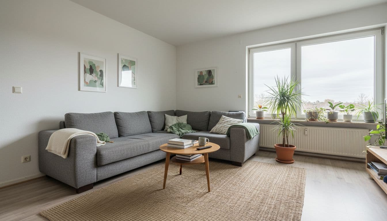 Schlicht eingerichtetes Wohnzimmer mit Fenster und Holzboden als Ausgangsfoto für die KI Inneneinrichtung