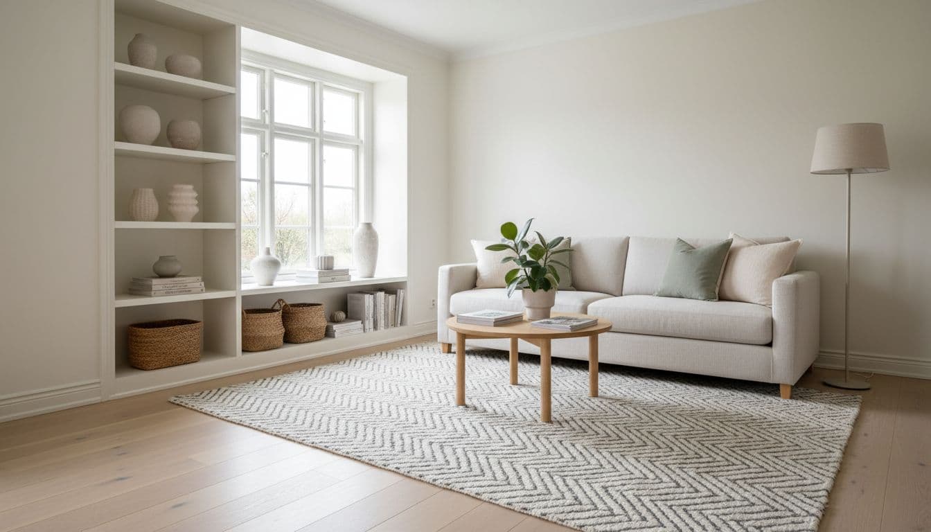 Skandinavisch eingerichtetes Wohnzimmer als Ergebnis der KI Inneneinrichtung mit hellem Sofa, Wollteppich und Einbauregal