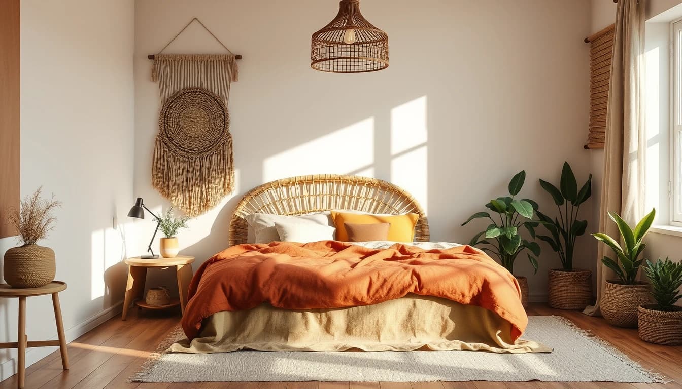 Boho Schlafzimmer mit Rattanbett, Leinenbettwäsche und Terrakotta-Textilien als Ergebnis eines präzisen KI Innendesign Prompts