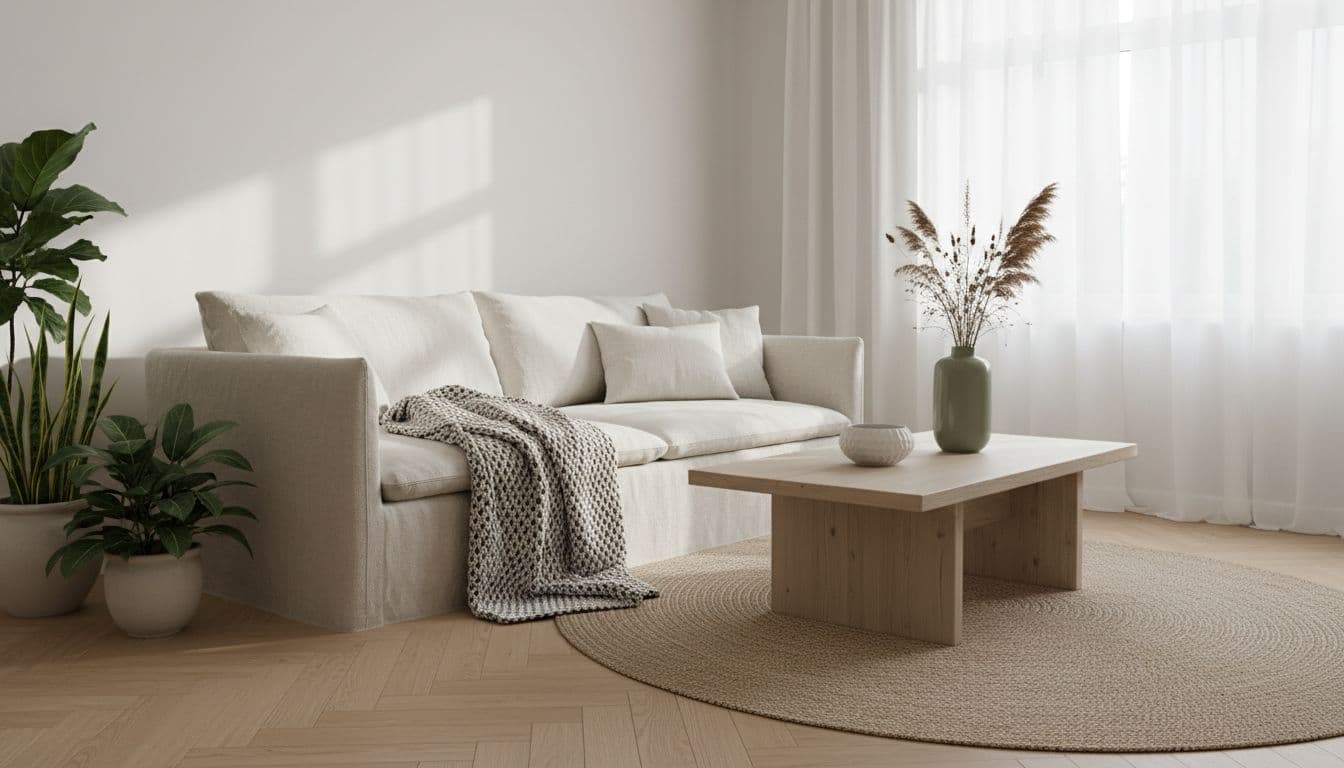 Helles Wohnzimmer mit Leinensofa, Eichenmöbeln und einem Notizbuch auf dem Couchtisch als Sinnbild für KI Raumgestaltung ChatGPT Prompts