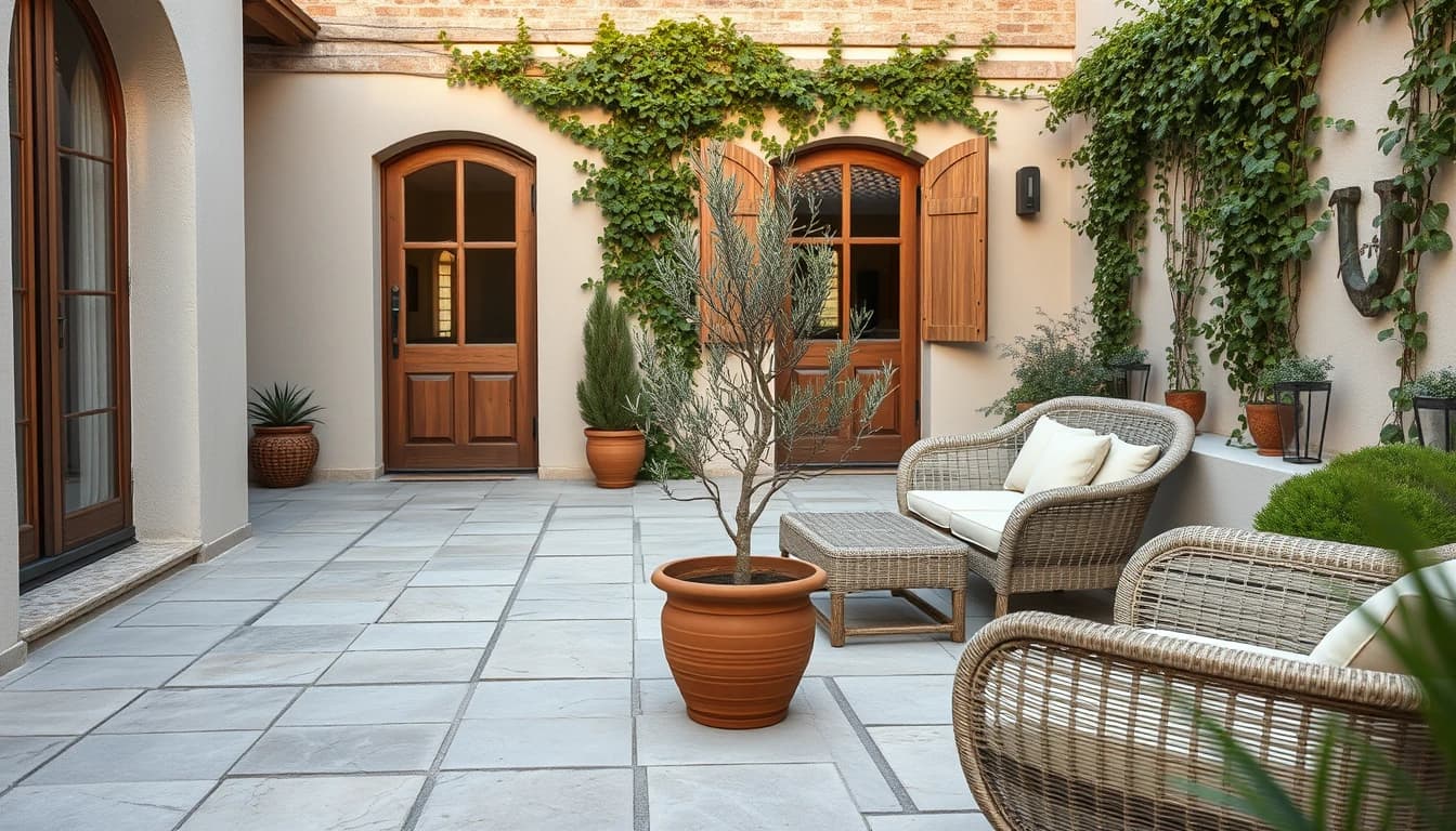 Mediterrane Gartenterrasse mit Naturstein, Olivenbaum und Rattanmöbeln als Beispiel für einen KI Raumgestaltung Prompt im Außenbereich