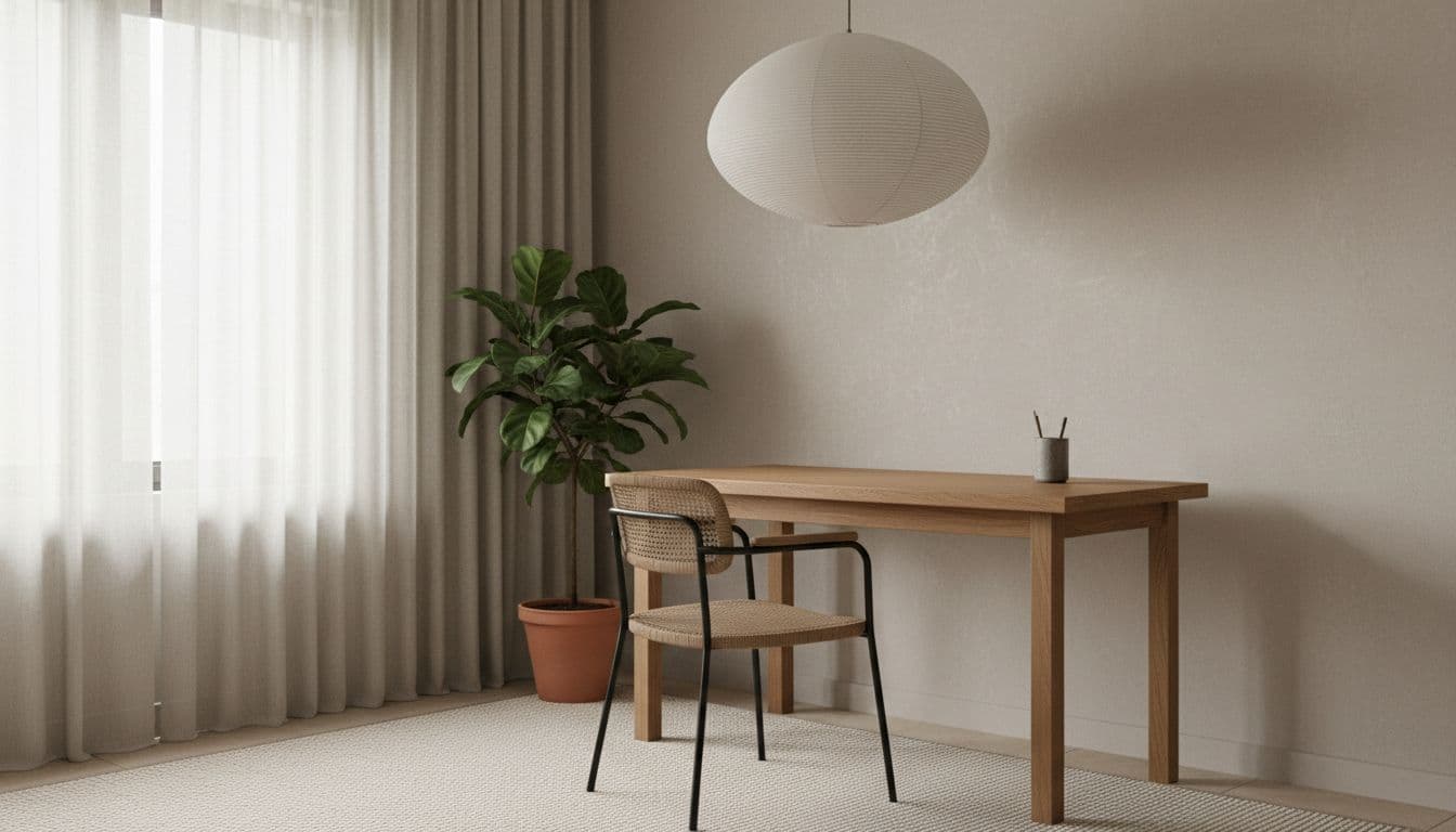 Japandi Arbeitsecke mit Eichenschreibtisch, Papierlampe und Leinenvorhang als Beispiel für einen Prompt nach der 5-Teile-Formel