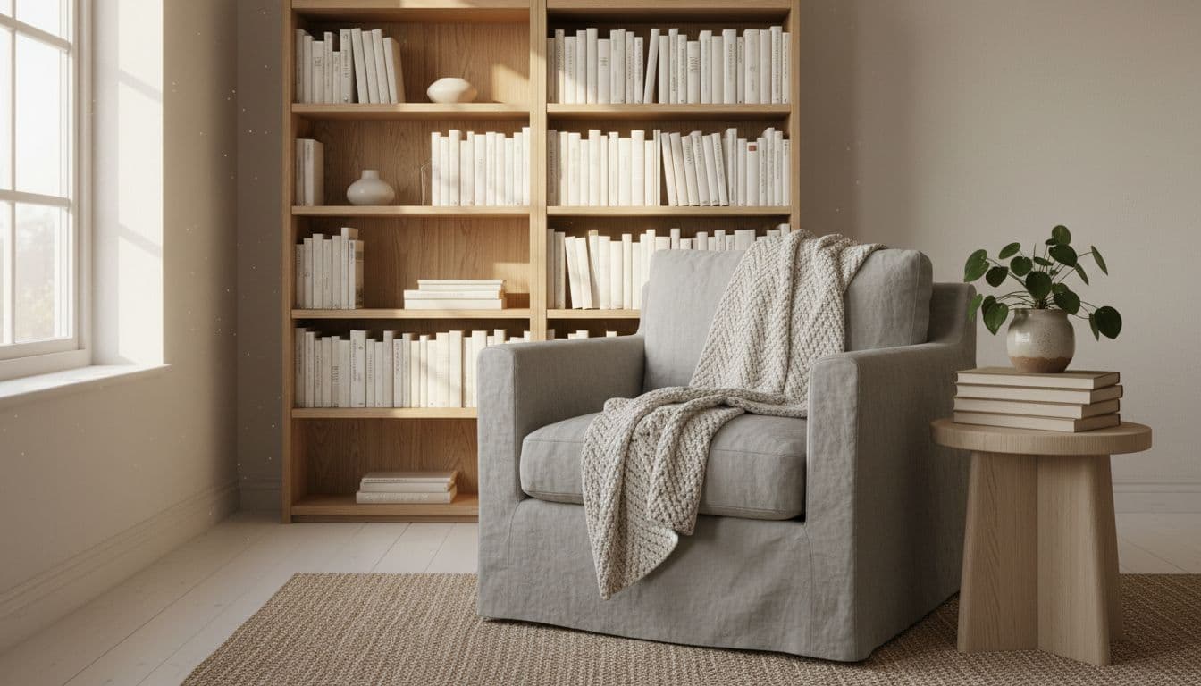 Skandinavisches Wohnzimmer mit hellem Holzboden, Leinensofa und einem aufgeschlagenen Notizbuch als Symbol für die Ideenphase der KI Raumgestaltung