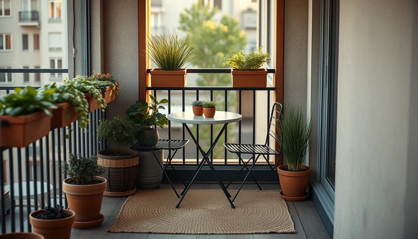 Kleiner Balkon mit Pflanzen und Sitzecke, kostenlos gestaltet als Beispiel für KI Raumgestaltung im Außenbereich