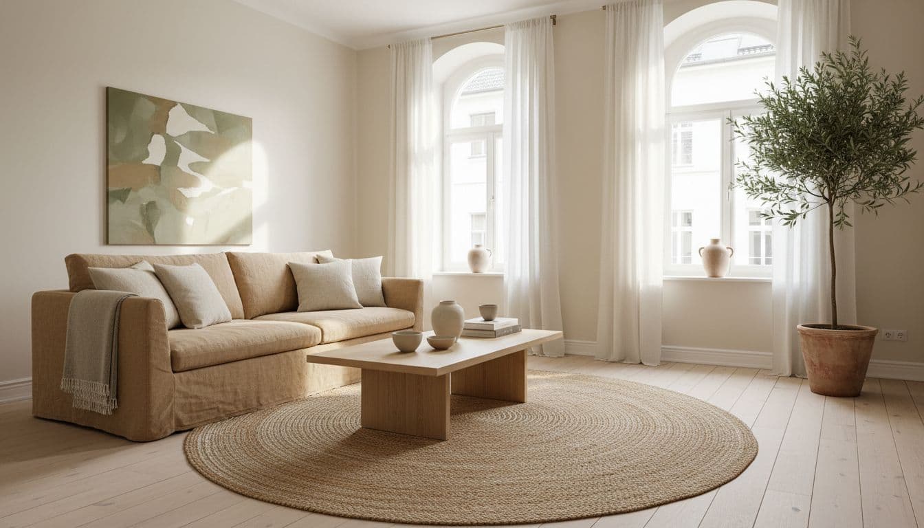 Helles Wohnzimmer mit Leinensofa und hellen Holzmöbeln als Beispiel für KI Raumgestaltung kostenlos mit DecorAI