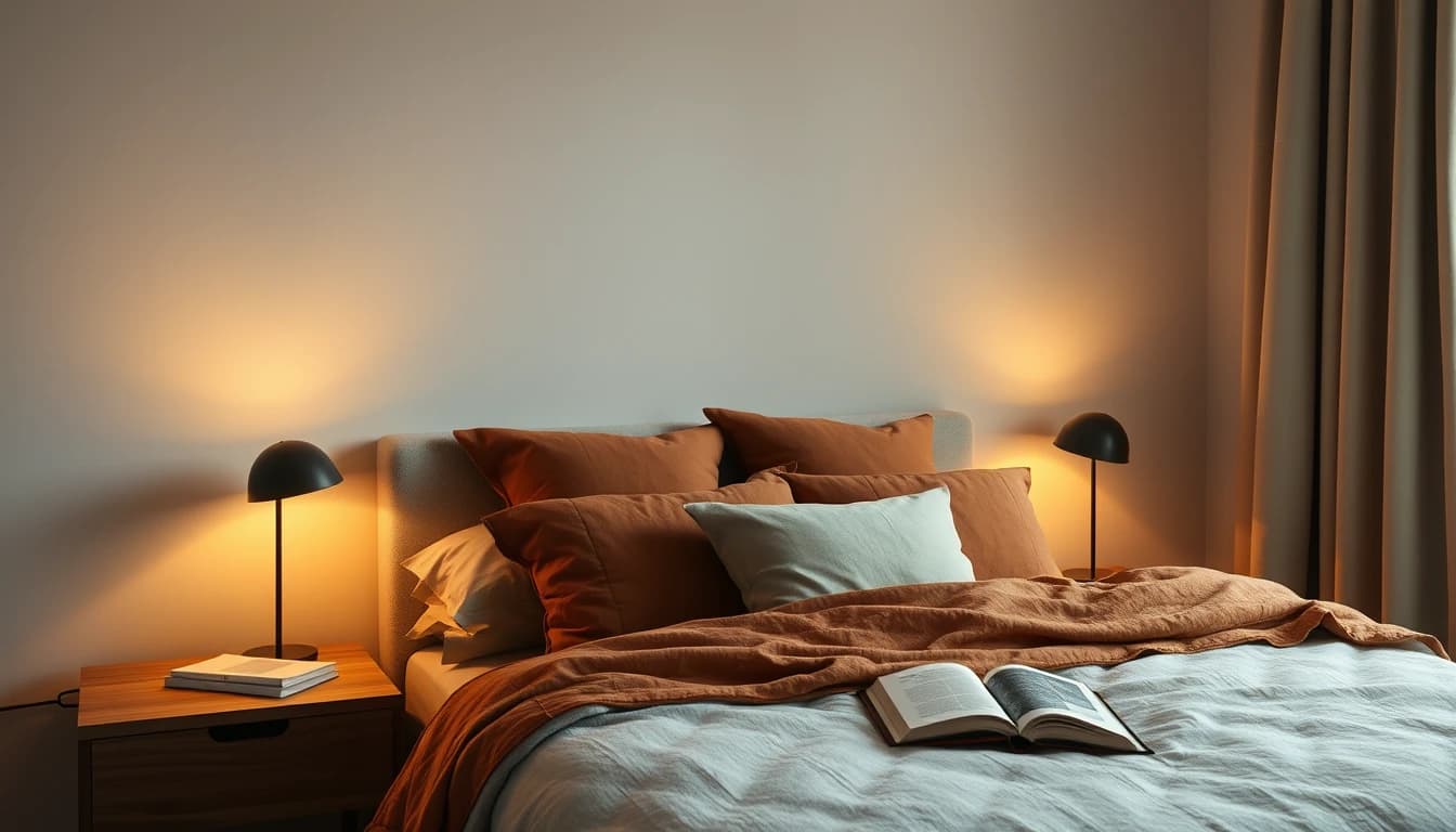 Gemütliches Schlafzimmer am Abend, Teil einer wöchentlichen kostenlosen KI Raumgestaltung Planung