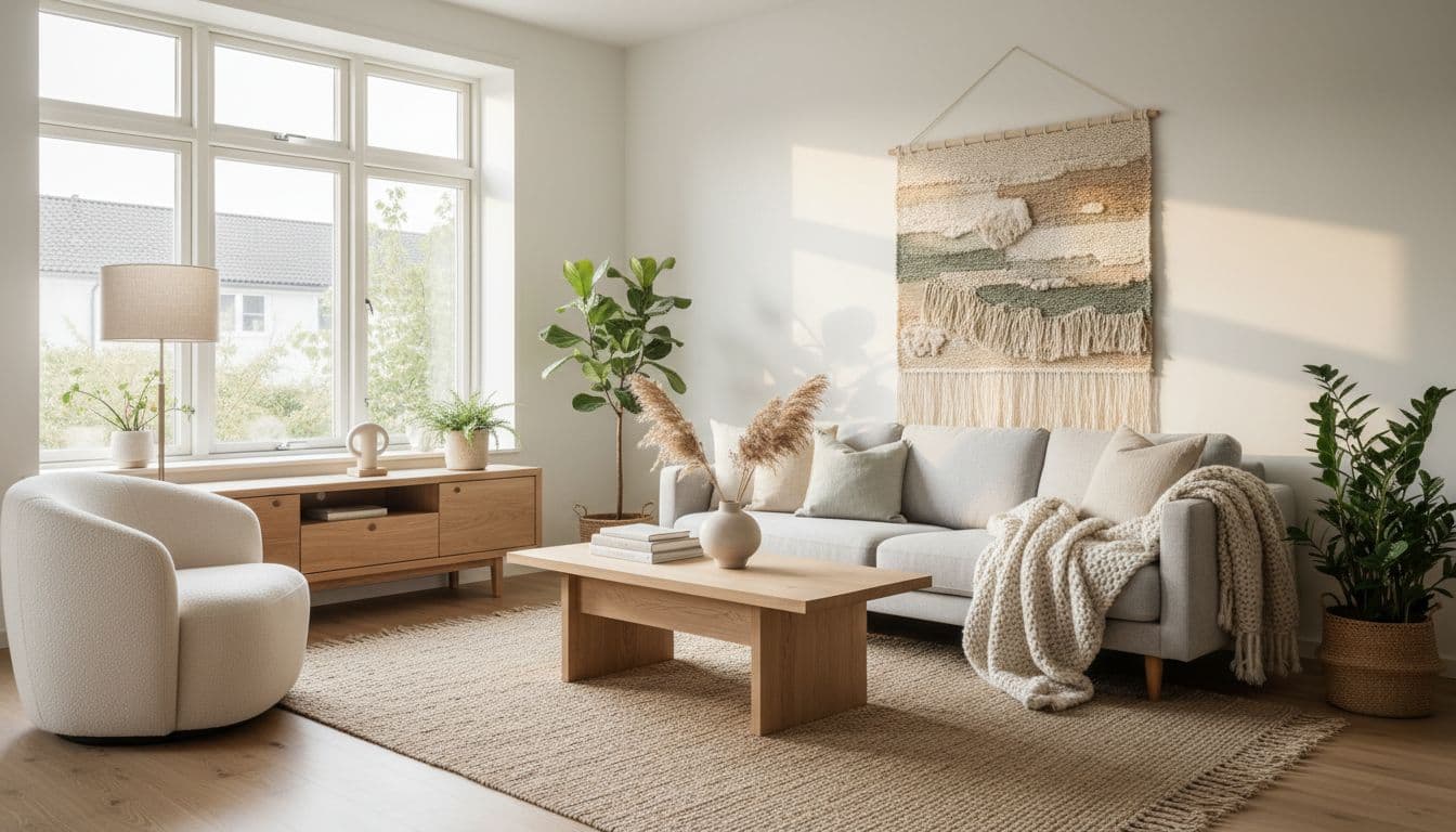 Kostenloses KI-Design eines Wohnzimmers mit hellen Naturtönen, generiert mit DecorAI im Free-Plan