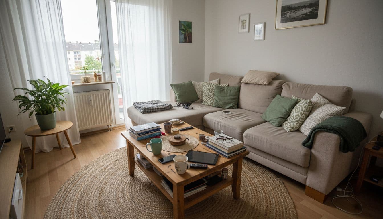 Gemütliches Wohnzimmer mit Sofa und Couchtisch als typisches Ausgangsfoto für einen KI Raumplaner