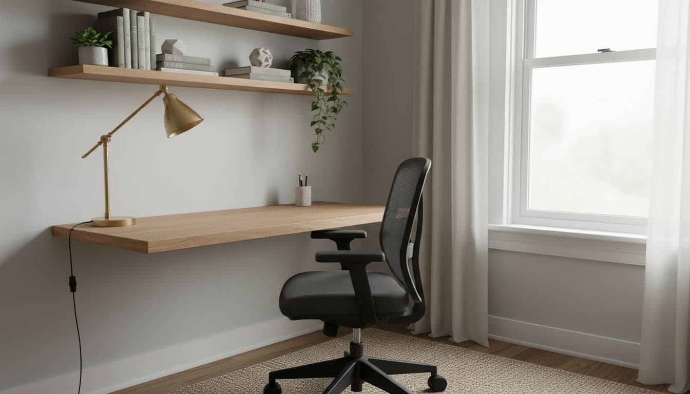 Ungenutzte Zimmerecke mit schwebendem Schreibtisch und Wandregalen, geplant mit dem Corner Designer eines KI Raumplaners