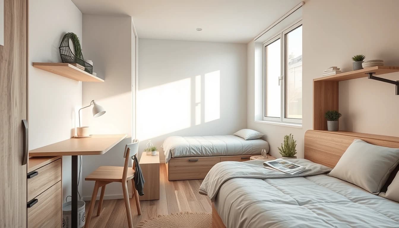 Kompaktes Einraum-Apartment mit klappbarem Esstisch und wandmontiertem Schreibtisch, virtuell geplant mit einem KI Raumplaner