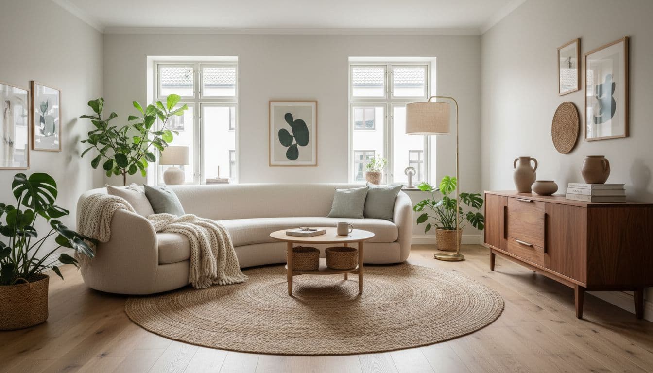 Skandinavisch neu gestaltetes Wohnzimmer mit Eichenboden und Bouclé-Sofa, Ergebnis eines KI Raumplaners