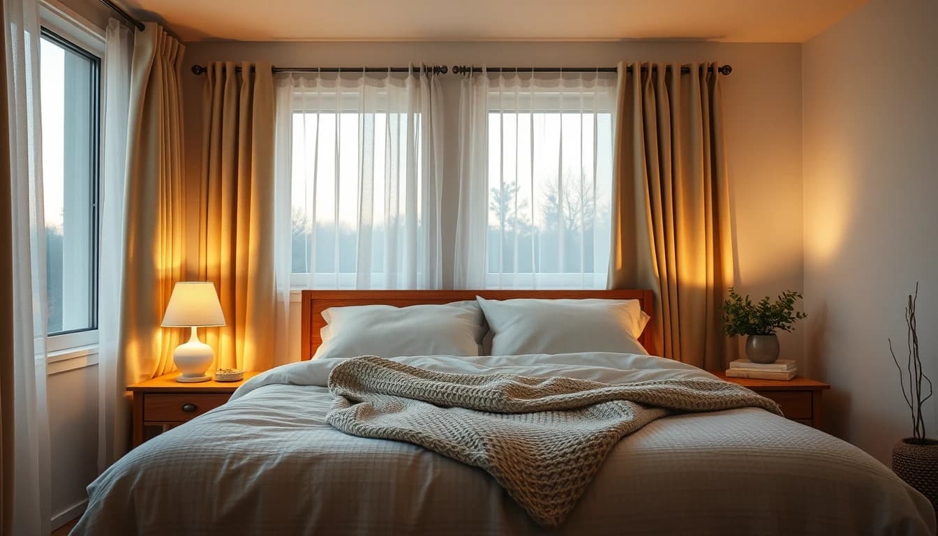 Gemütliches Schlafzimmer am Abend mit warmem Nachttischlicht und halb geschlossenen Vorhängen