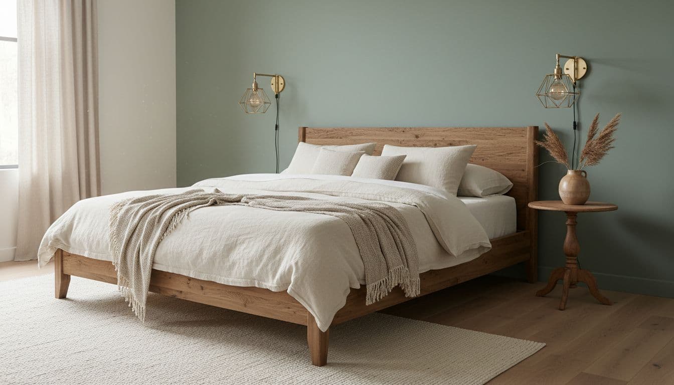 Schlafzimmer mit salbeigrüner Akzentwand hinter dem Bett, Walnussholz-Kopfteil und cremefarbener Bettwäsche als Farbkonzept Schlafzimmer