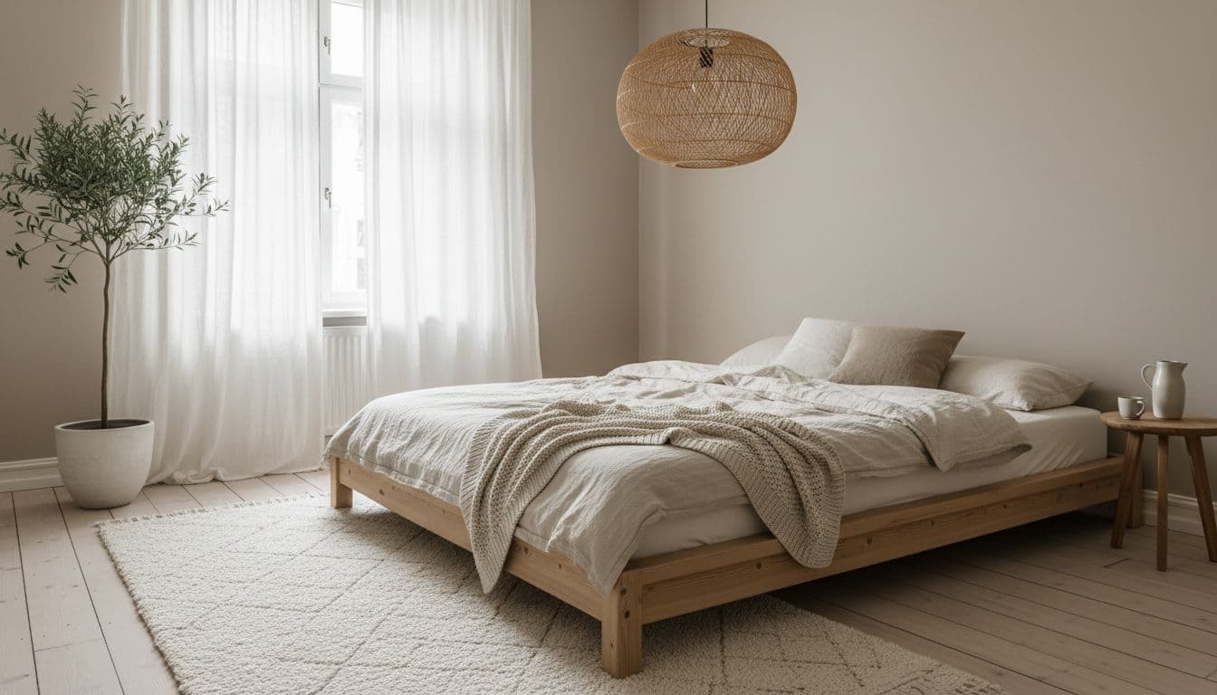Helles skandinavisches Schlafzimmer mit Eichenbett und Leinenbettwäsche, Beispiel für KI Schlafzimmer einrichten mit DecorAI