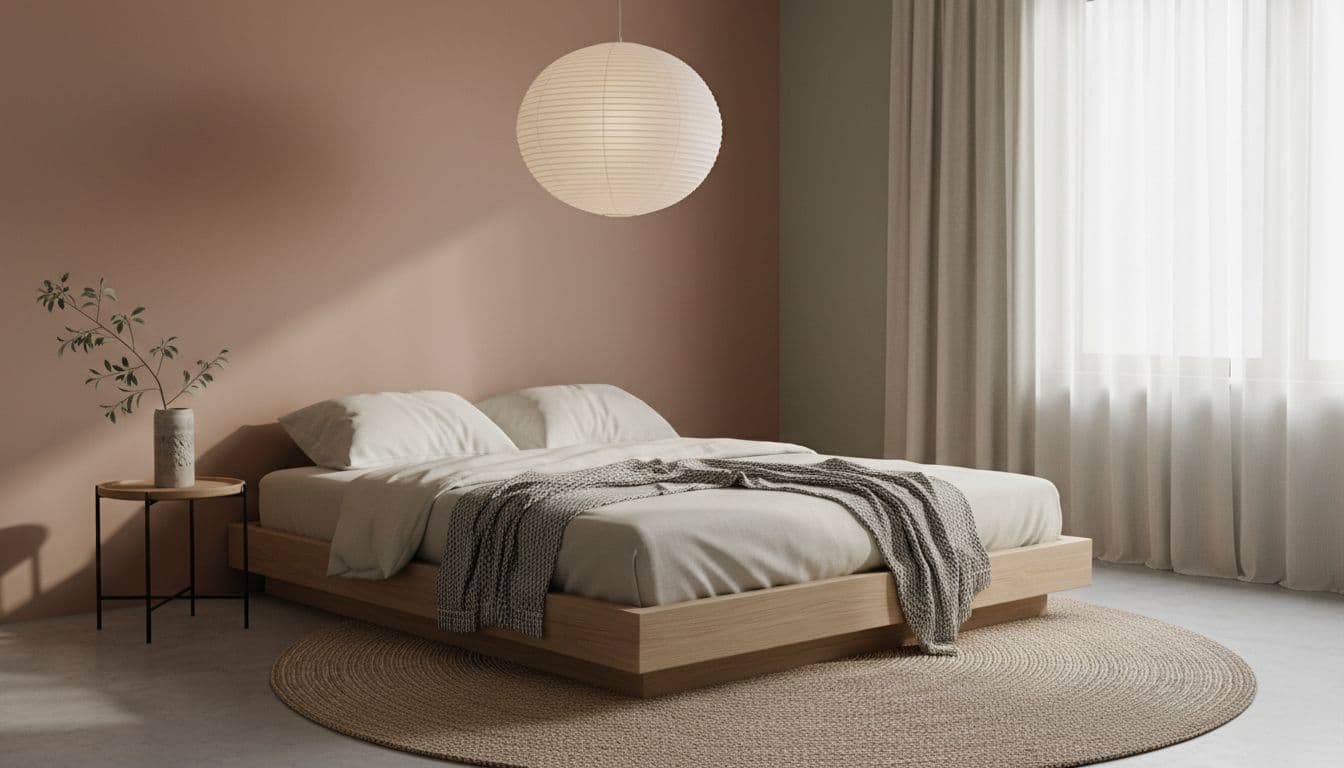 Japandi Schlafzimmer mit niedrigem Bett, Papierlampe und Eichen-Nachttisch als Beispiel für Schlafzimmer Ideen mit KI