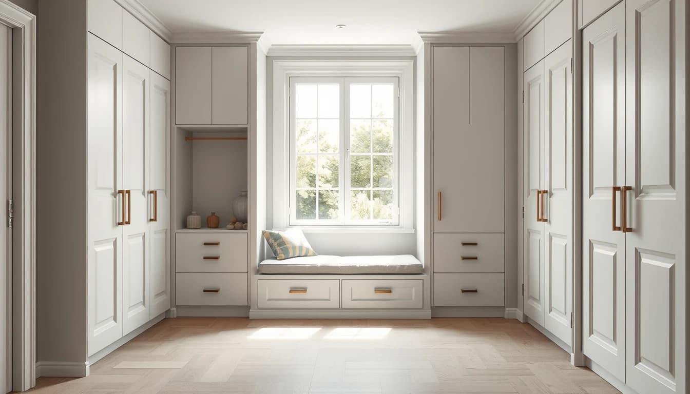 Kleines Schlafzimmer mit weißem Einbauschrank vom Boden bis zur Decke und Sitzbank am Fenster