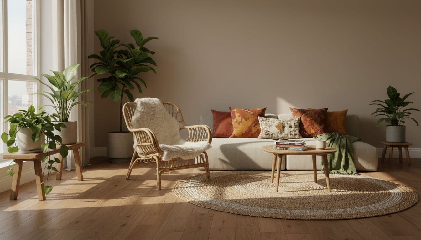 Boho eingerichtetes Wohnzimmer mit Rattansessel, Terrakotta-Kissen und vielen Pflanzen als Beispiel fuer KI Wohnzimmer einrichten