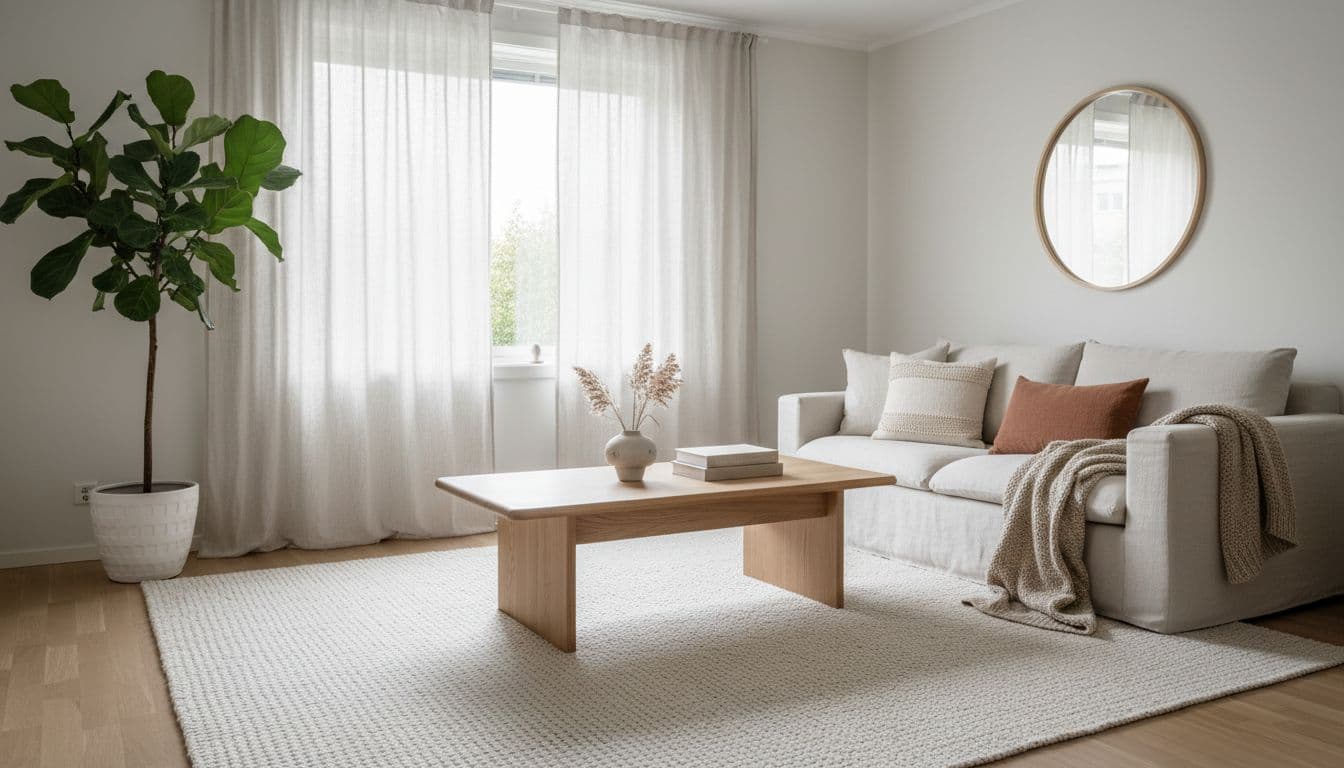 Skandinavisch eingerichtetes Wohnzimmer mit hellem Leinensofa und Eichenholz-Couchtisch, ein Beispiel für KI Wohnzimmer einrichten mit DecorAI