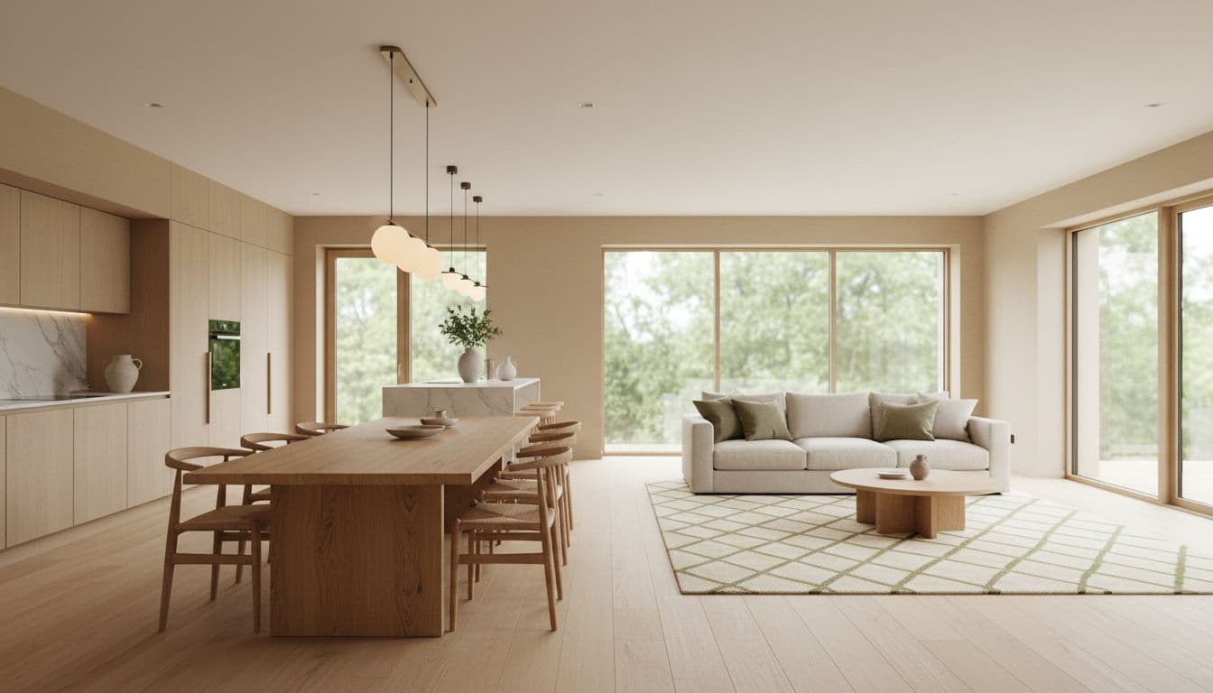 Offener Wohn-Essbereich mit hellem Sofa, Esstisch aus Holz und durchgehendem Farbkonzept zwischen Küche und Wohnzimmer
