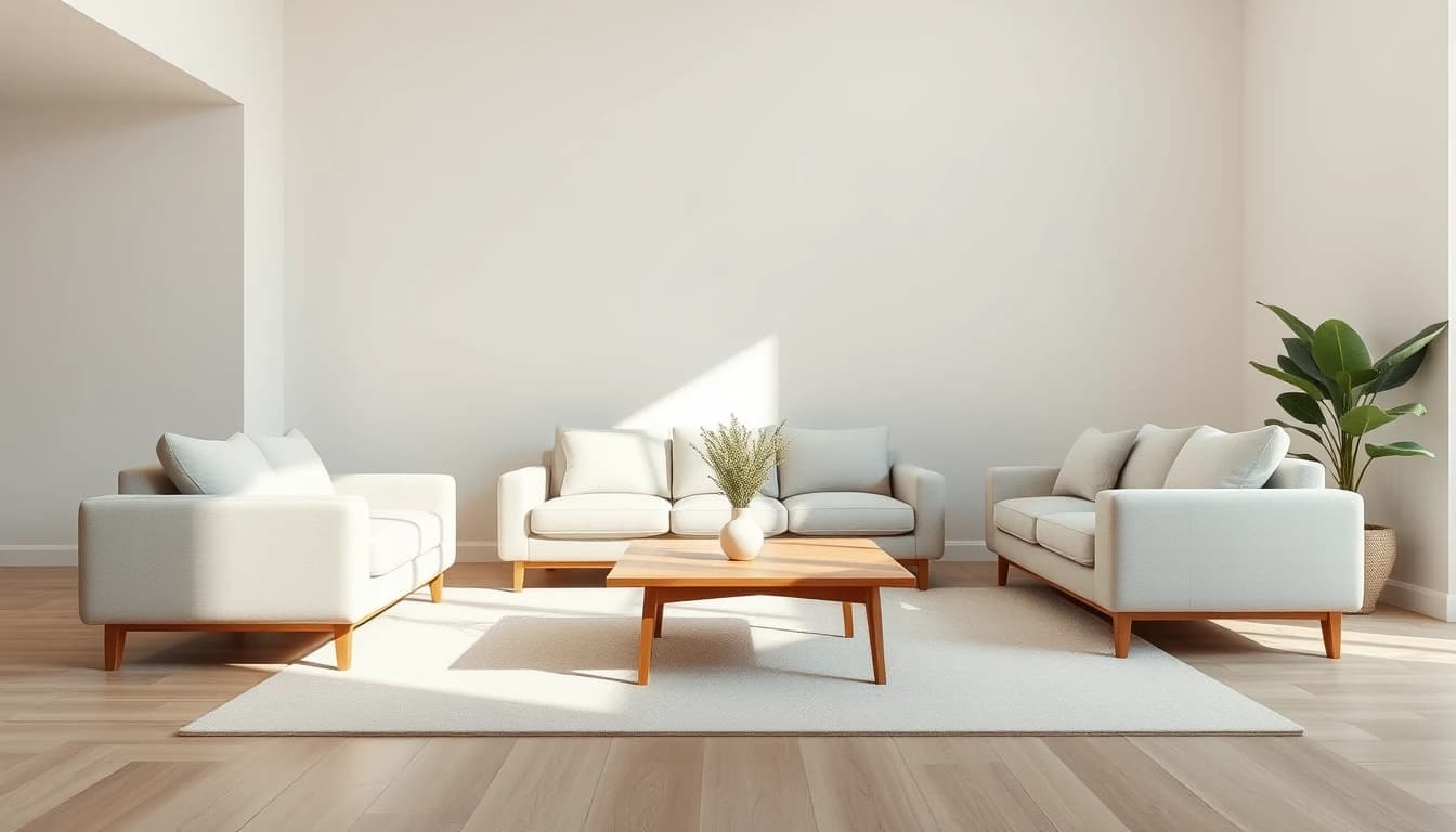 Wohnzimmer mit hellem Sofa, Couchtisch im richtigen Abstand und ausreichend Laufweg zur Sitzgruppe