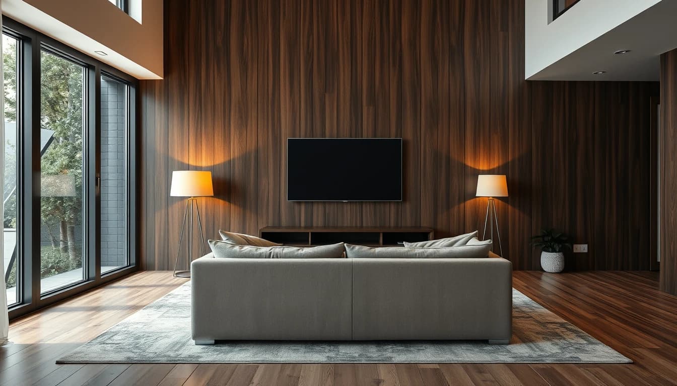 Wohnzimmer mit dunkler TV-Wand, Sofa im passenden Sitzabstand und großformatigem Teppich unter der Sitzgruppe