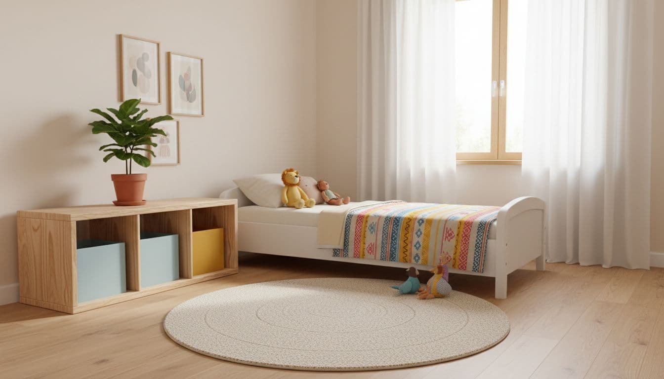 Helles Kinderzimmer mit Spielzone, Bett und Regal als Beispiel fürs Kinderzimmer planen mit KI