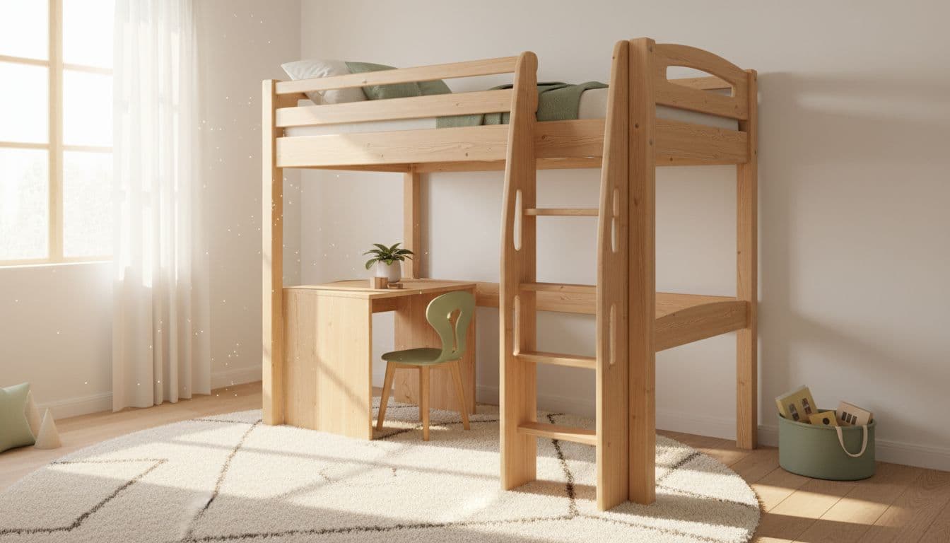 Kinderzimmer mit Hochbett aus hellem Holz, Leiter mit durchgehendem Geländer und Schreibtisch darunter