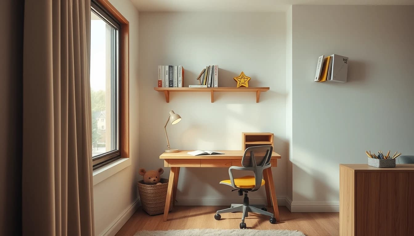 Kinderzimmer-Lernecke mit kleinem Schreibtisch am Fenster, Tischlampe und offenem Regal für Schulmaterial