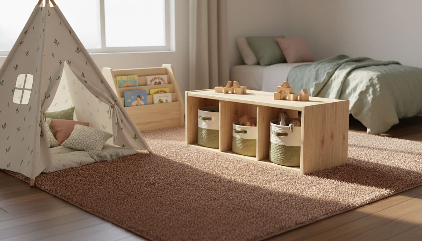 Kinderzimmer mit heller Spielzone auf Teppich, niedrigem offenem Regal und Bett im Hintergrund