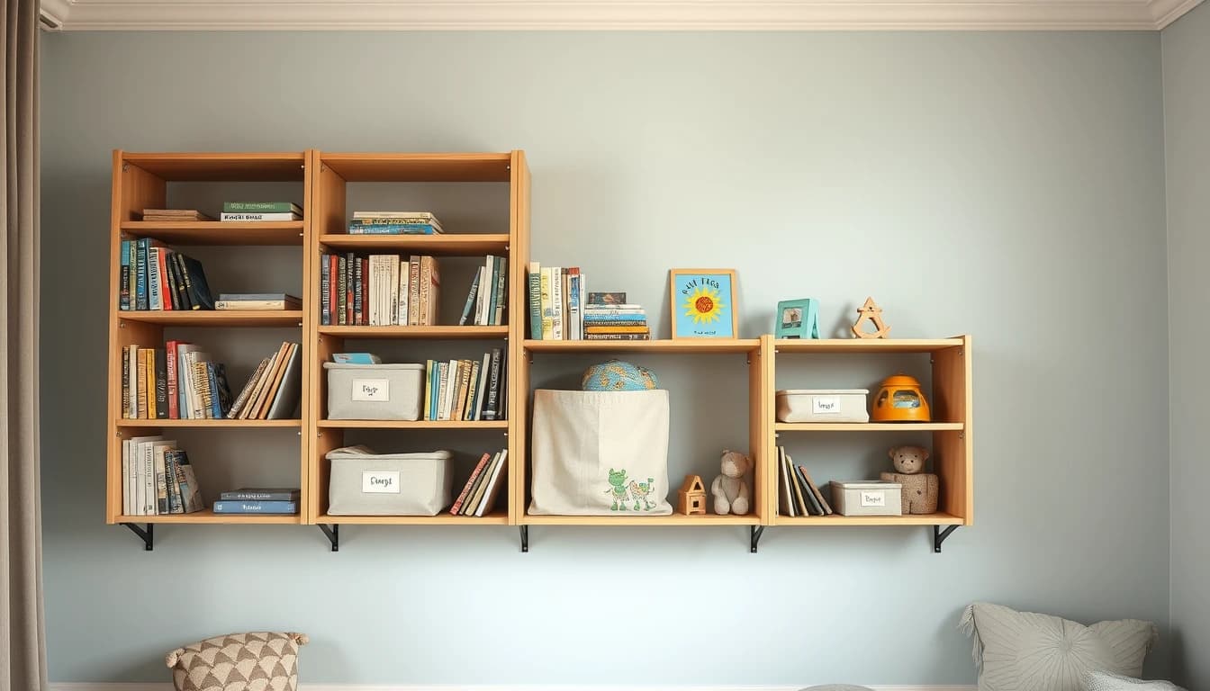 Modulares Wandregal im Kinderzimmer mit Büchern, Boxen und Spielzeug in Griffhöhe