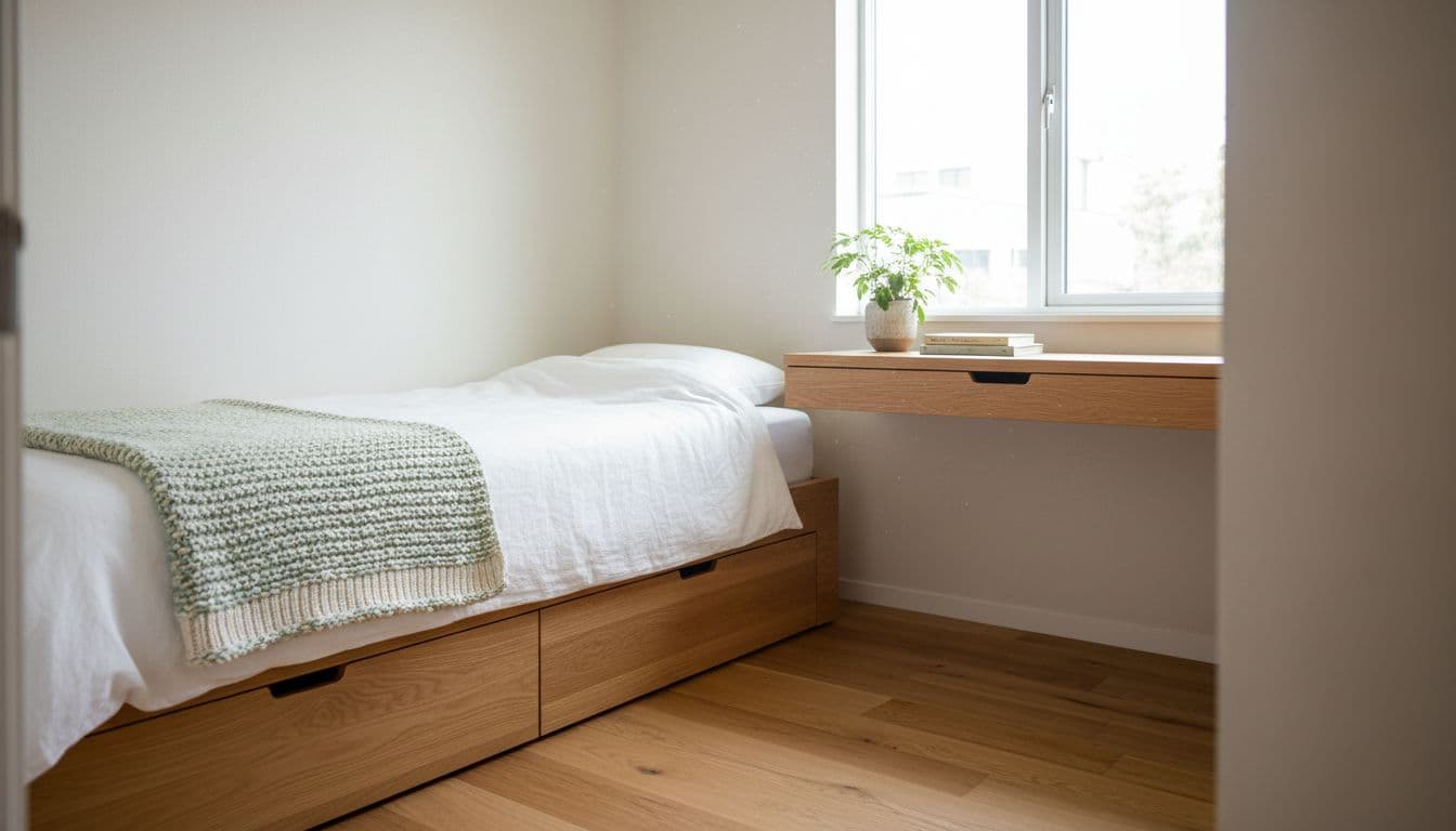 Kleines Zimmer einrichten mit hellem Multifunktionsbett, Schreibtisch am Fenster und warmem Licht