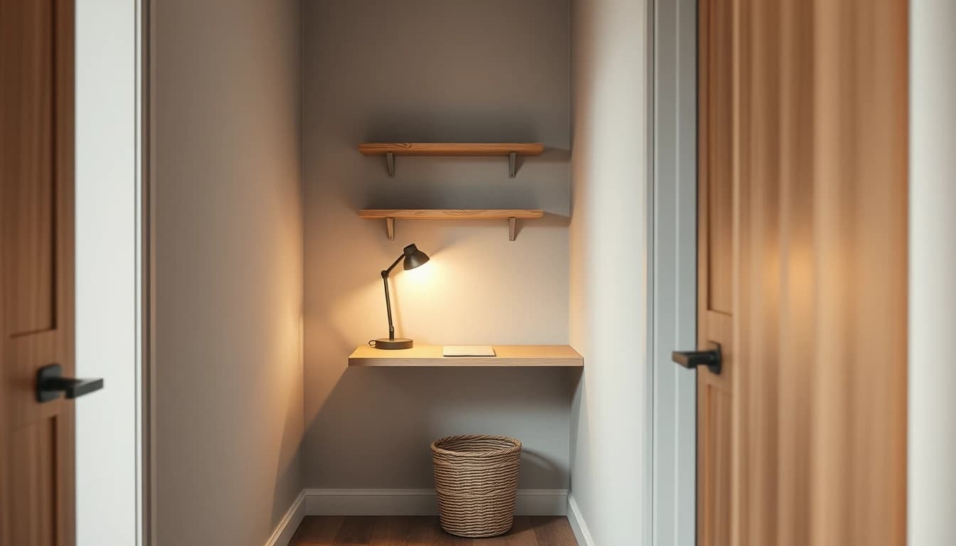 Schmale Arbeitsecke in einem kleinen, länglichen Zimmer mit Wandregal und kompaktem Schreibtisch
