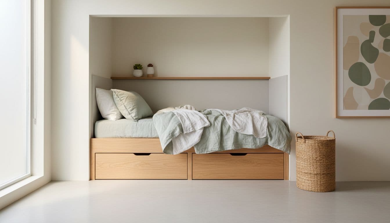 Kleines Zimmer einrichten mit schmalem Bett, integriertem Stauraum und hellem Holzton