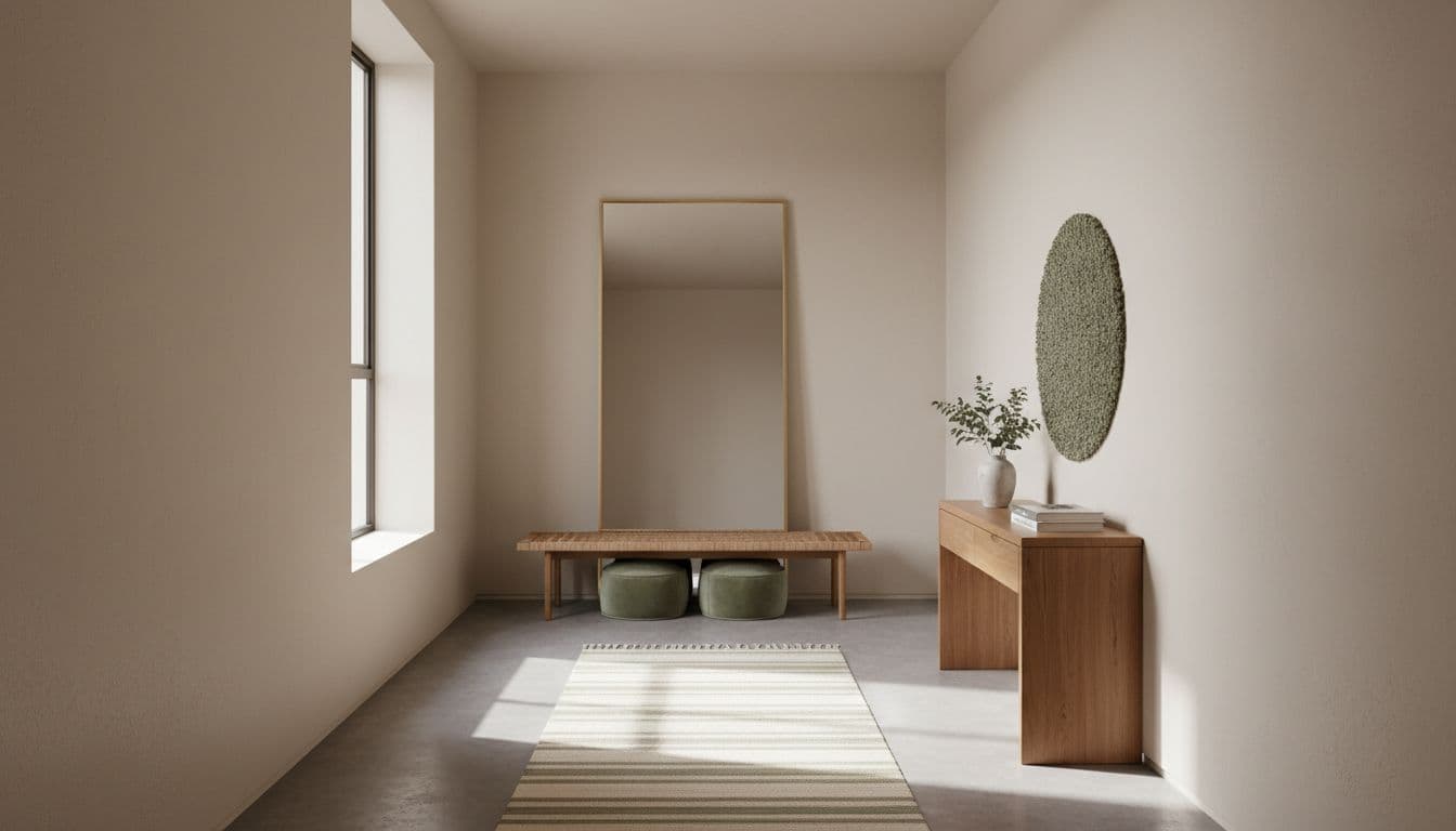 Längliches, kleines Zimmer einrichten mit großem Spiegel und hellen Wandfarben zur optischen Vergrößerung