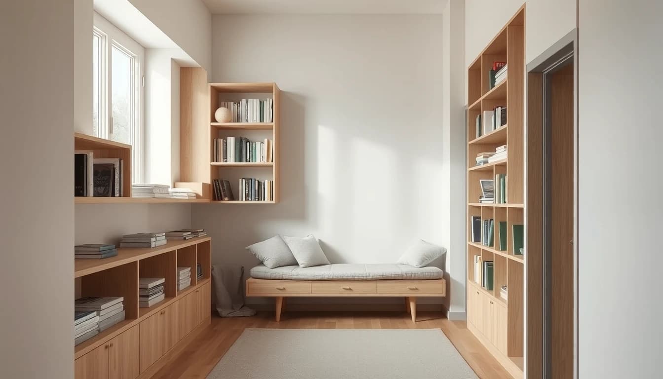 Kleines Zimmer mit deckenhohem Einbauregal als platzsparende Stauraumlösung