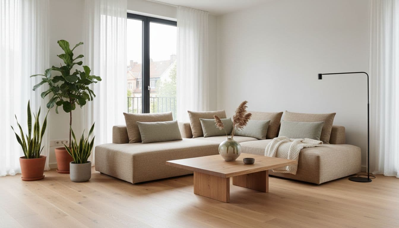 Helles Japandi Wohnzimmer mit Leinensofa und Eichenmöbeln, gestaltet mit der kostenlosen KI Innendesign App DecorAI