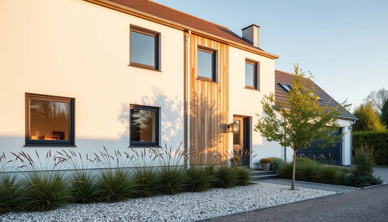 Modernisierte Hausfassade mit weißem Putz, Lärchenholz und Vorgarten als Beispiel für KI Architektur Visualisierung