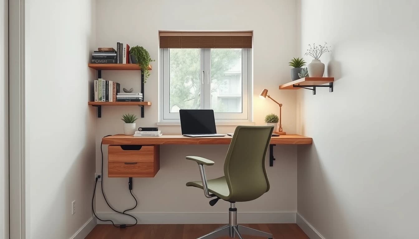 Kompaktes Home-Office in einer kleinen Wohnung mit schwebendem Schreibtisch, Wandregalen und Pflanzen