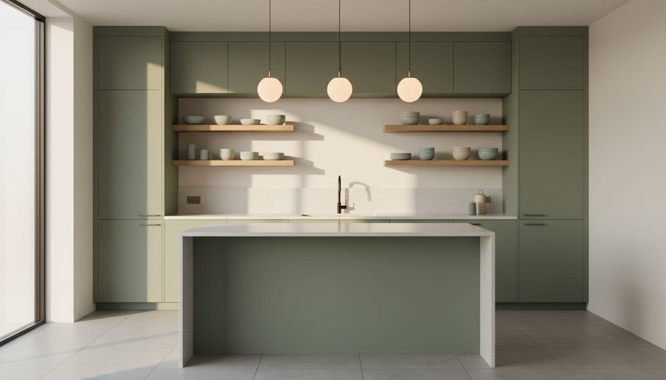 Moderne Küche mit salbeigrünen Fronten und Kochinsel als Beispiel für KI Innendesign mit DecorAI