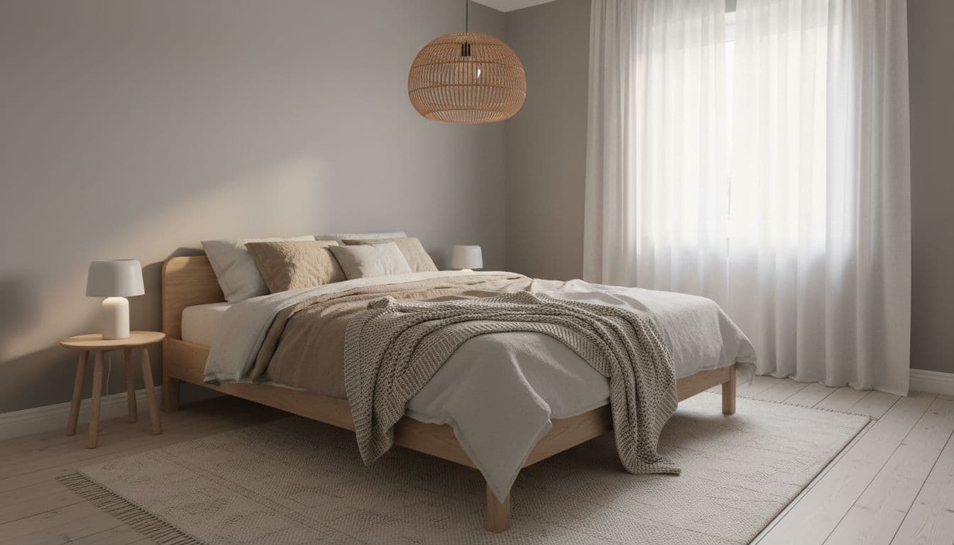 Skandinavisches Schlafzimmer mit Holzbett, Leinenbettwäsche und Rattanleuchte, erstellt mit einer KI Innendesign App